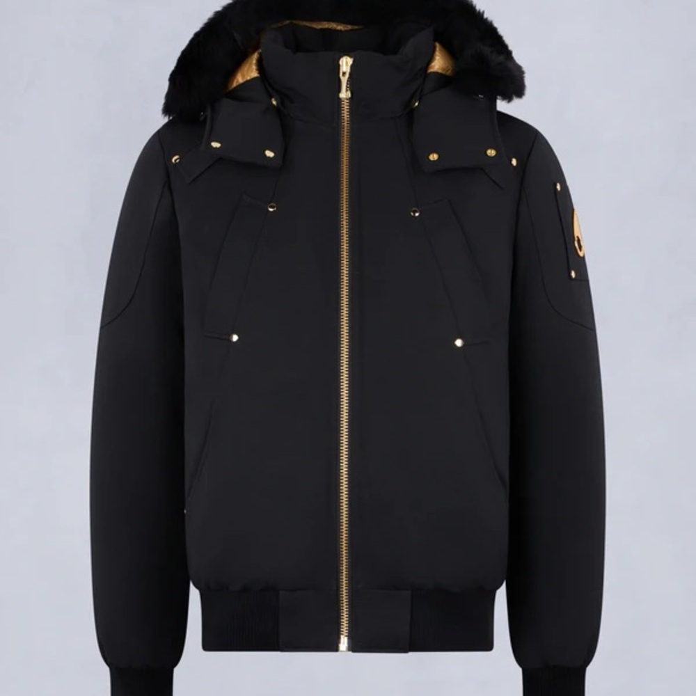 Moose Knuckles Black Puffer Jacket with Gold Details
